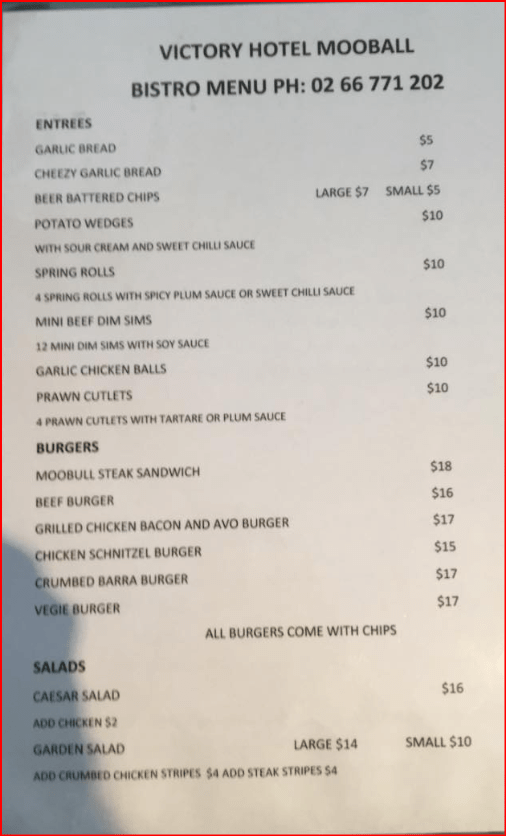 Victory Hotel Menu