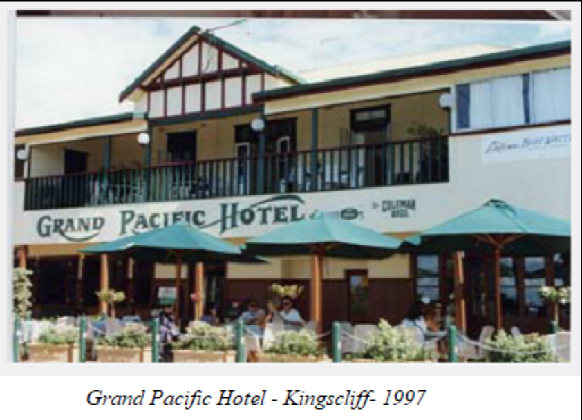 Kingscliff Hotel was built in 1932, formally the Grand Pacific Hotel possible fire but record show 1924 a two-storey timber structure with a public bar having had accommodation upstairs back in the day Kingscliff was a fishing village with hard working cane cutters, sand mining  local drinker small crop farming. Overflow from Tweed/Coolangatta holiday makers in the summer a rough beer garden with live bands in the 80s local band like the flowers/Icehouse this pub went off in the day the Davis Family ran the pub remember Mandy behind the bar. Major renovations in 2014 as well as a new bistro bar and alfresco dining areas on the adjacent empty (rough beergarden) transformed in outdoor dinning and live entertainment area. Kingscliff was known as Cuden but was sub divided by a developer who called it Kingscliff 1930s and became a popular tourist destination as Tweed Heads and Coolangatta became popular, Kingscliff is still a one pub town with a top pub to have good food and a cold beer in and live entertainment. 

