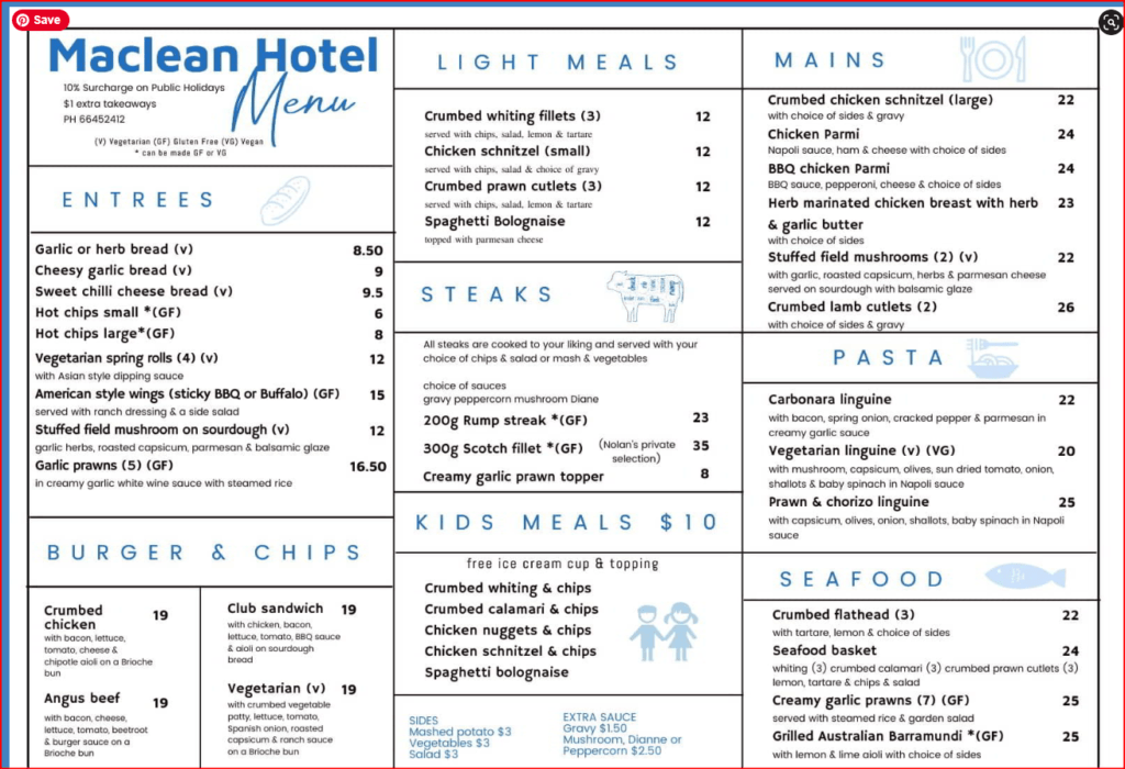 Maclean Hotel Menu 