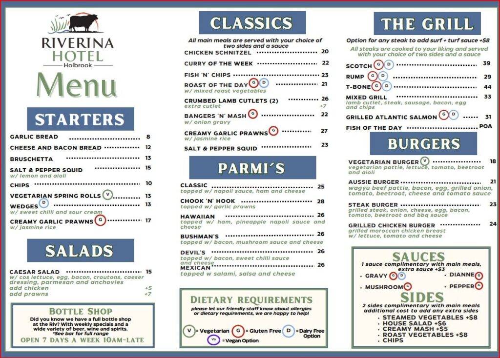 Riverina Hotel, Holbrook Menu 23-09-2023